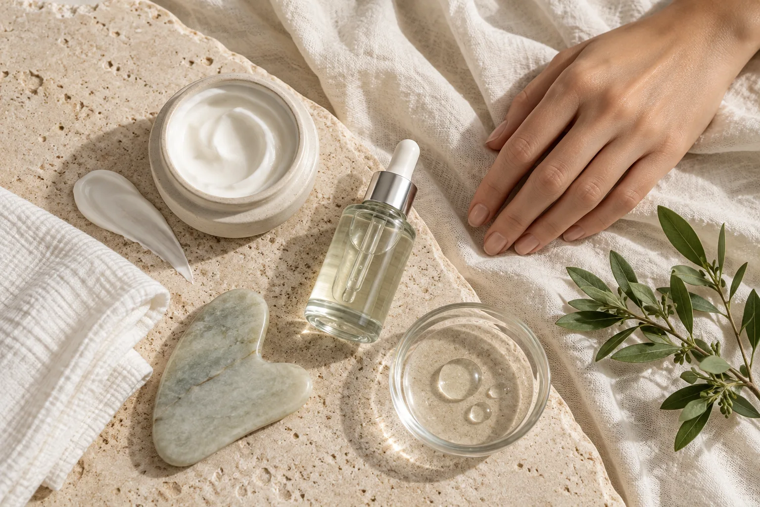 A hand resting near a jar of cream, a serum bottle and a jade stone on linen