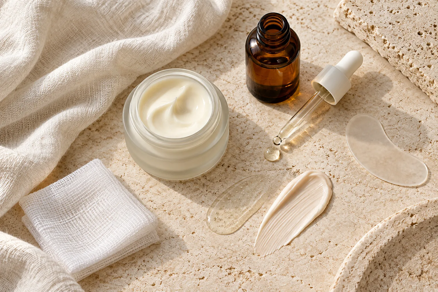 A jar of cream, an amber bottle, a dropper and gauze on a stone surface