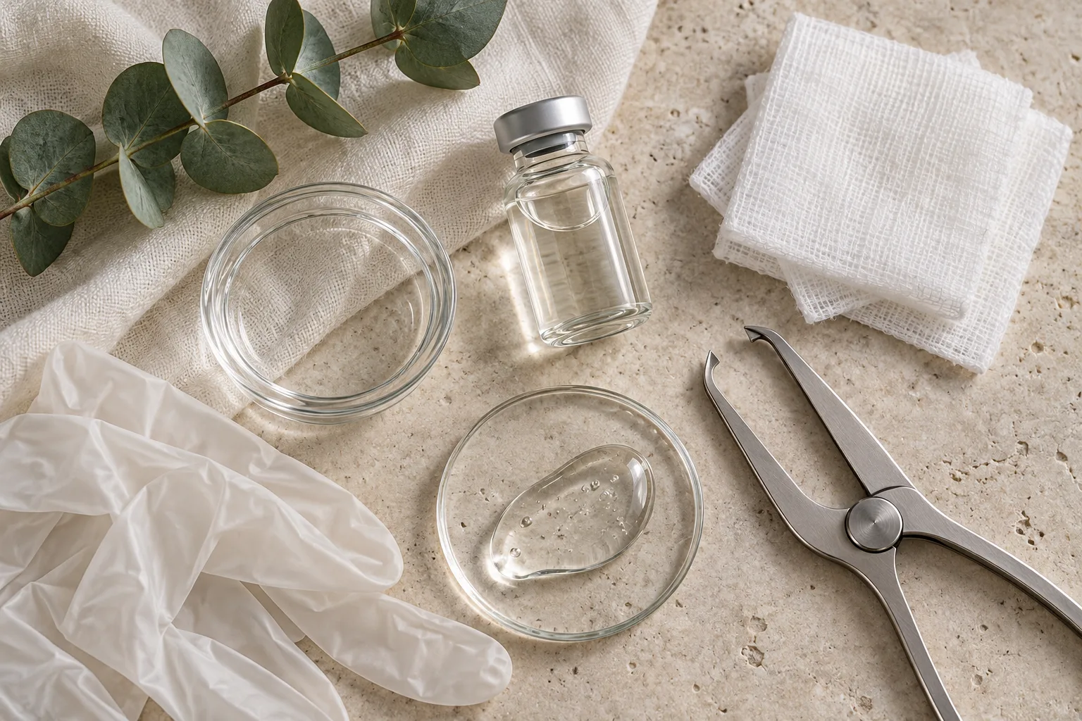 Gloves, gauze, a glass vial and steel tweezers laid out on stone