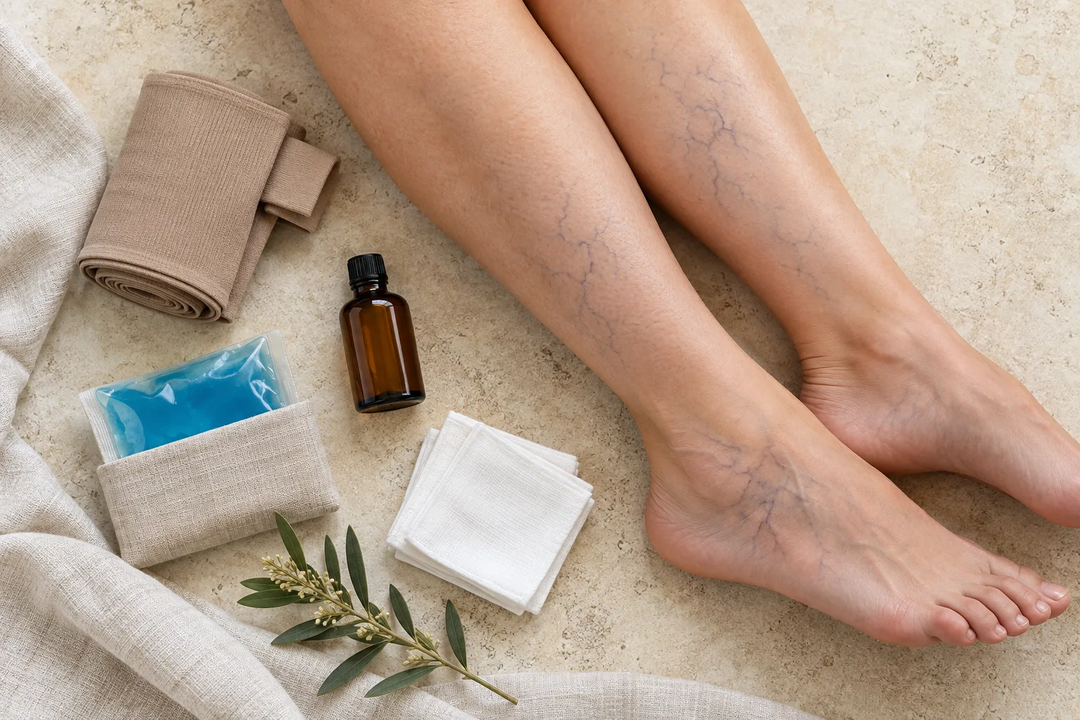 Bare legs with visible spider veins beside a compression wrap and a cold pack