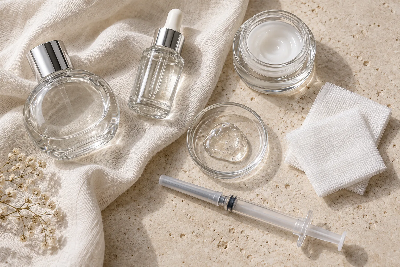 Glass vials, a capped syringe and gauze squares on linen
