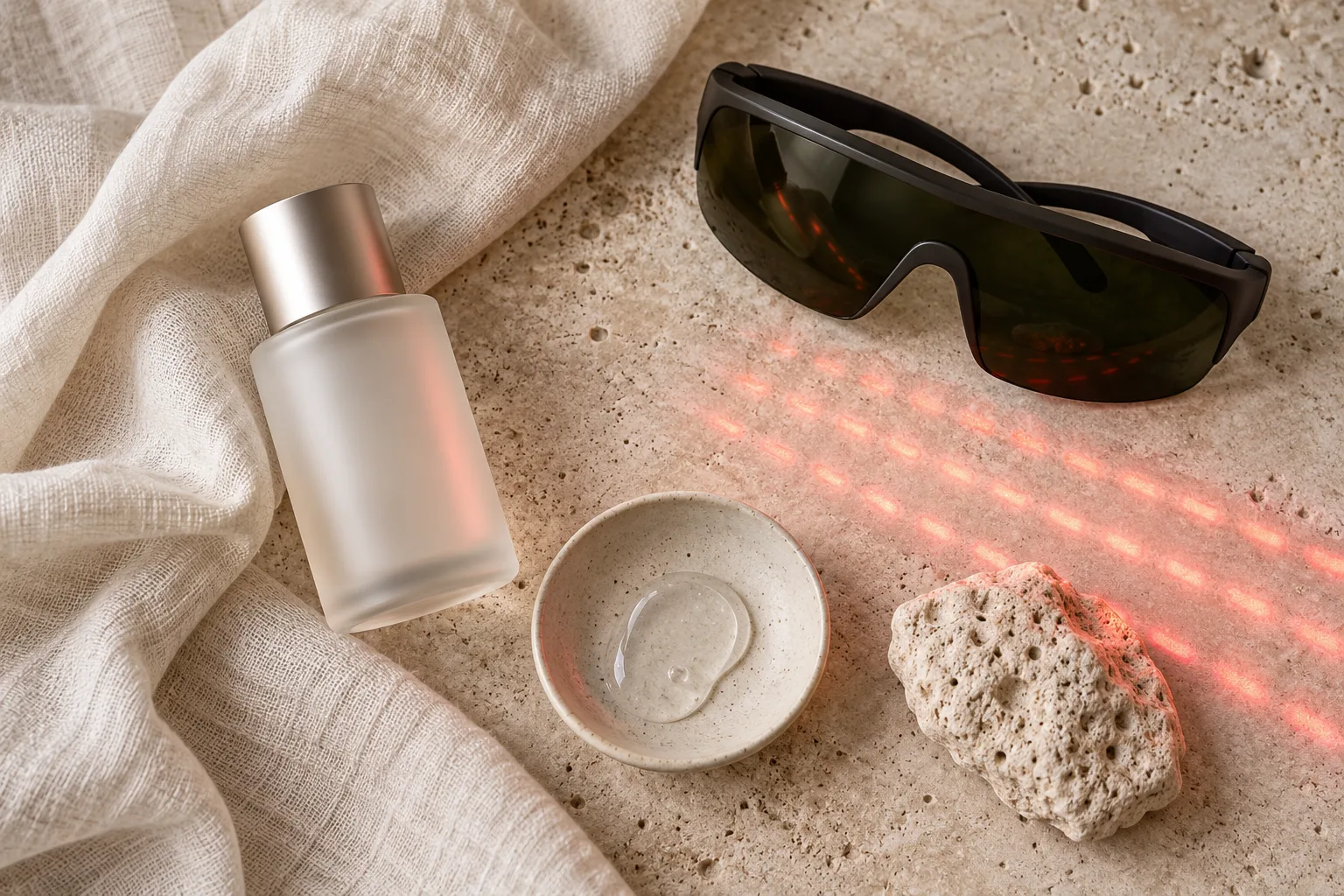 Protective glasses, a frosted bottle and a dish of gel under a band of red light