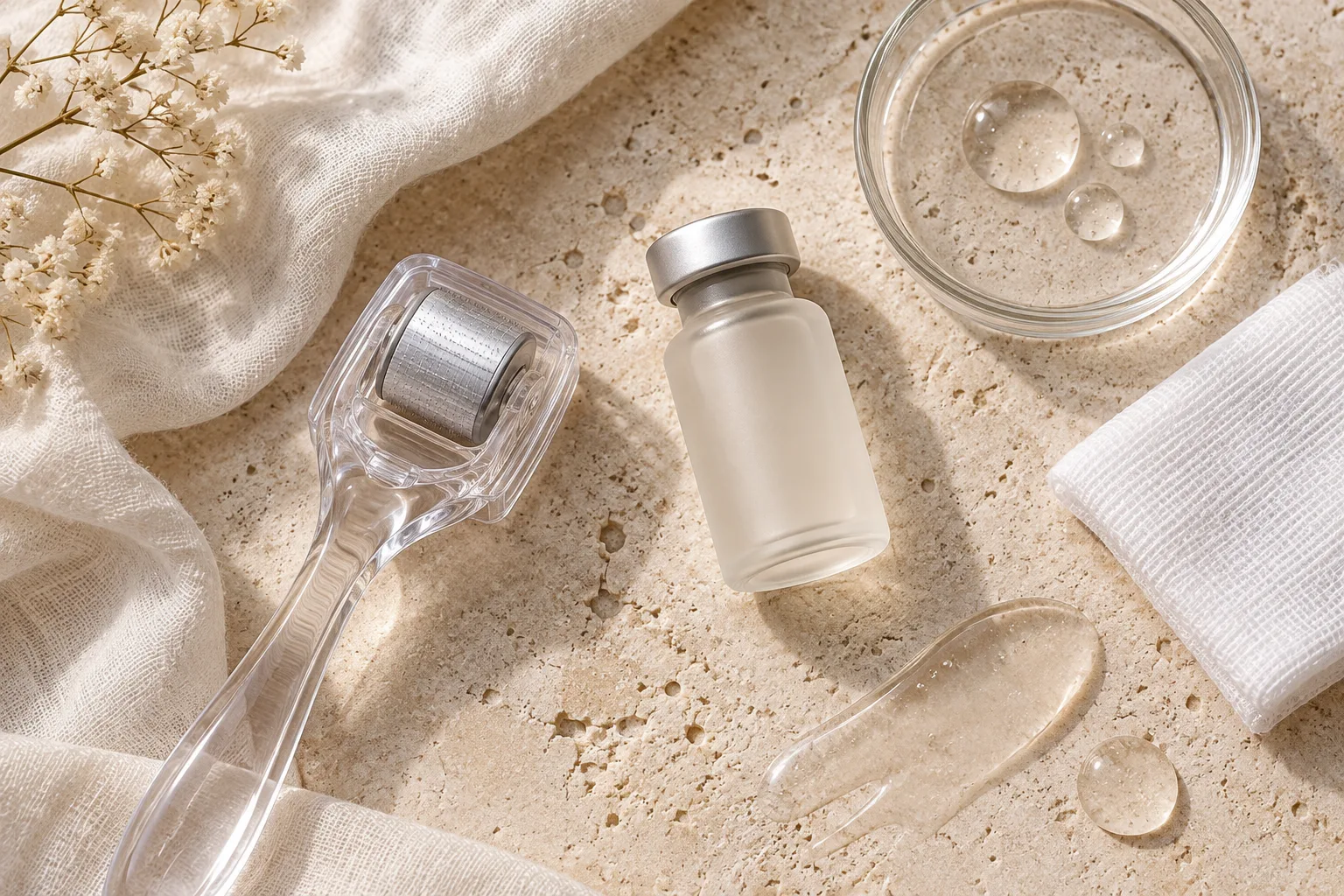 A microneedling roller, a frosted bottle and a dish of serum on linen