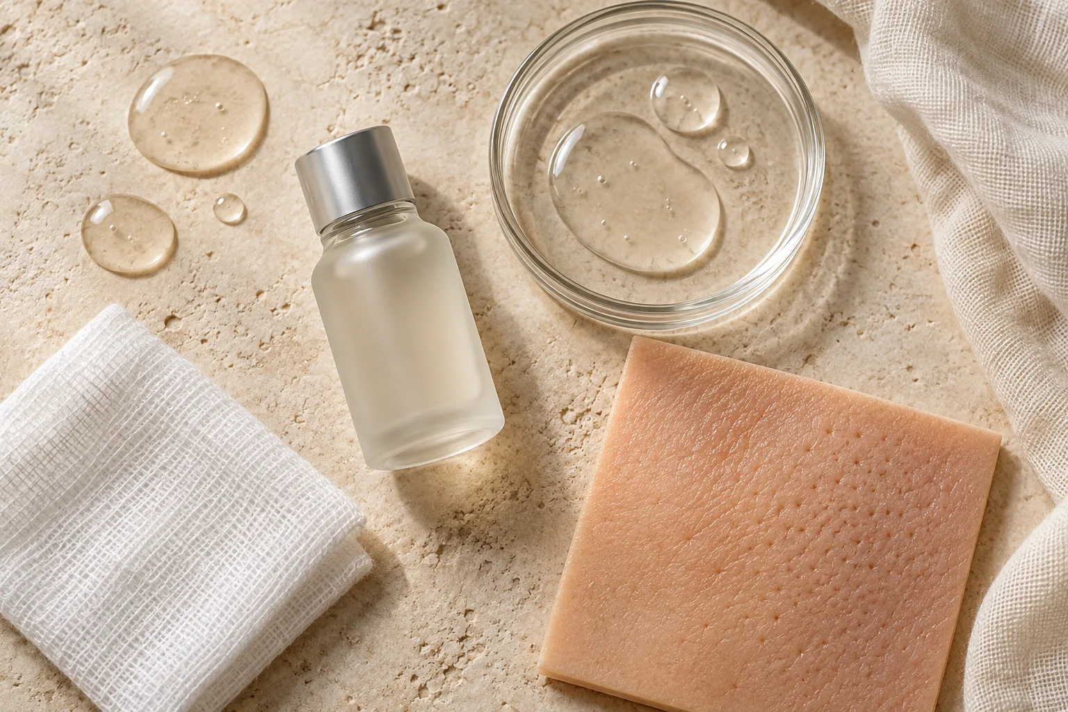 A frosted bottle, a dish of serum and a square of textured skin-tone material