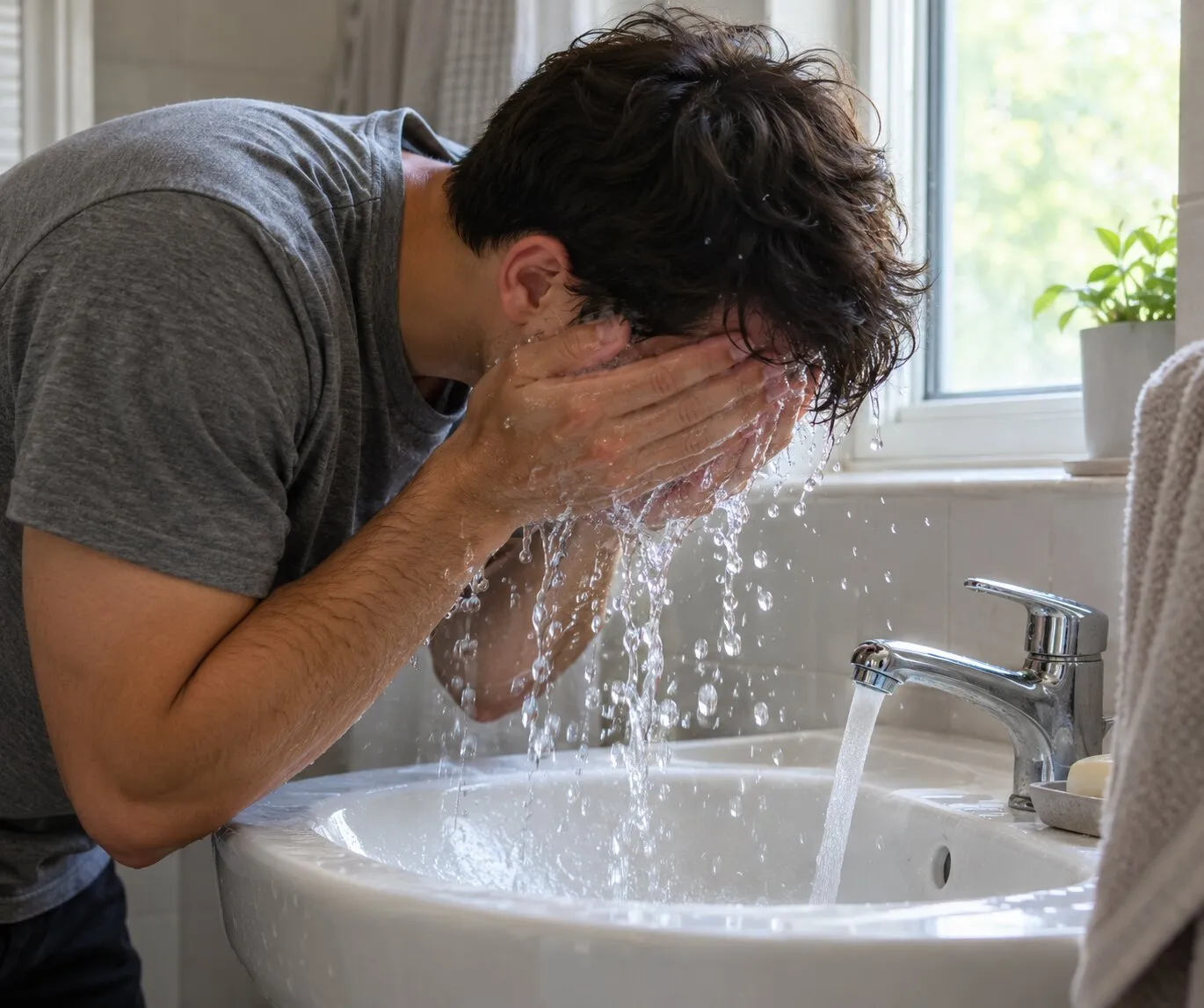 A man rinsing his face with water at a bathroom sink