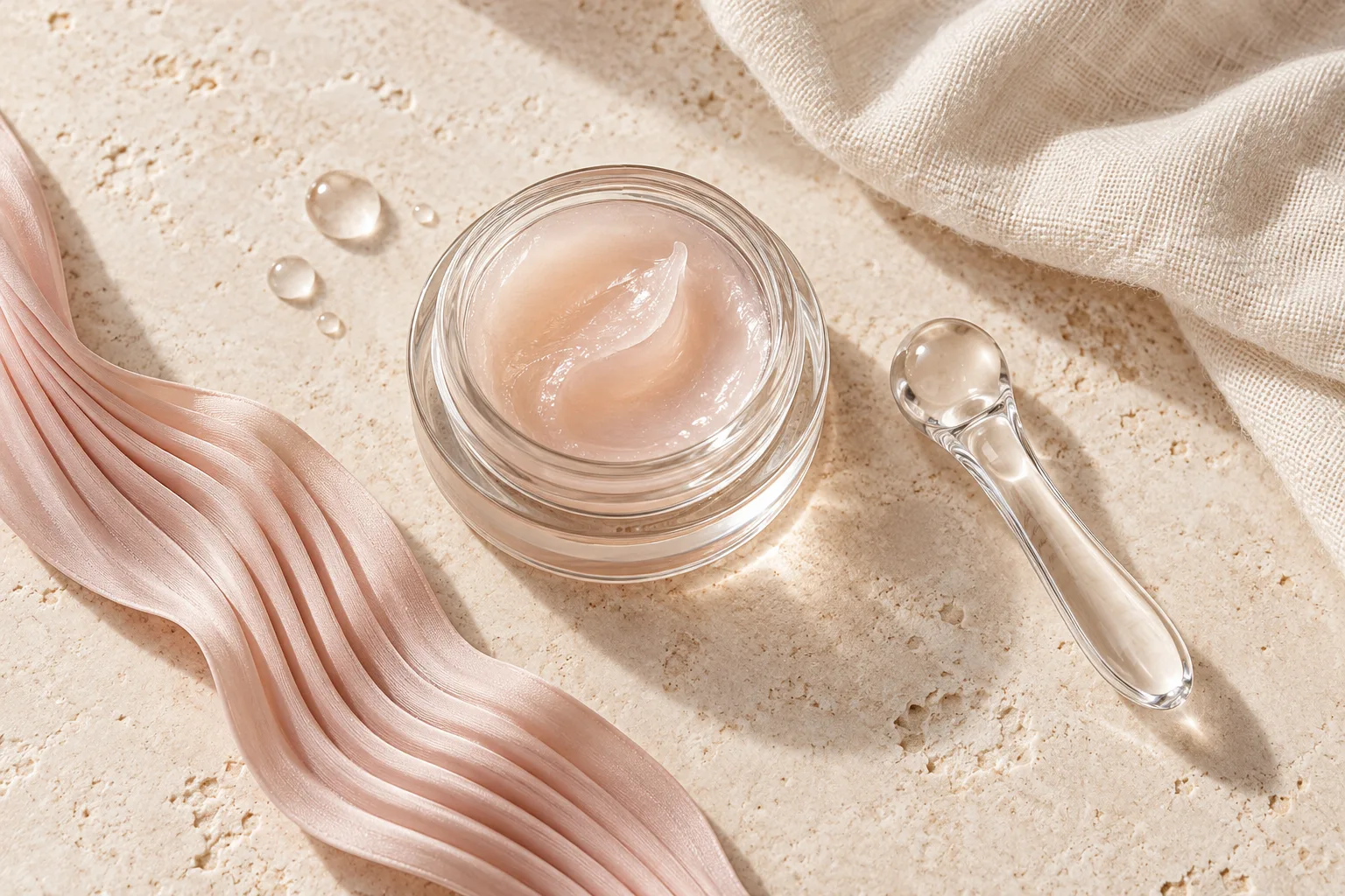 A jar of pink balm, a glass applicator and a pink ribbon on stone