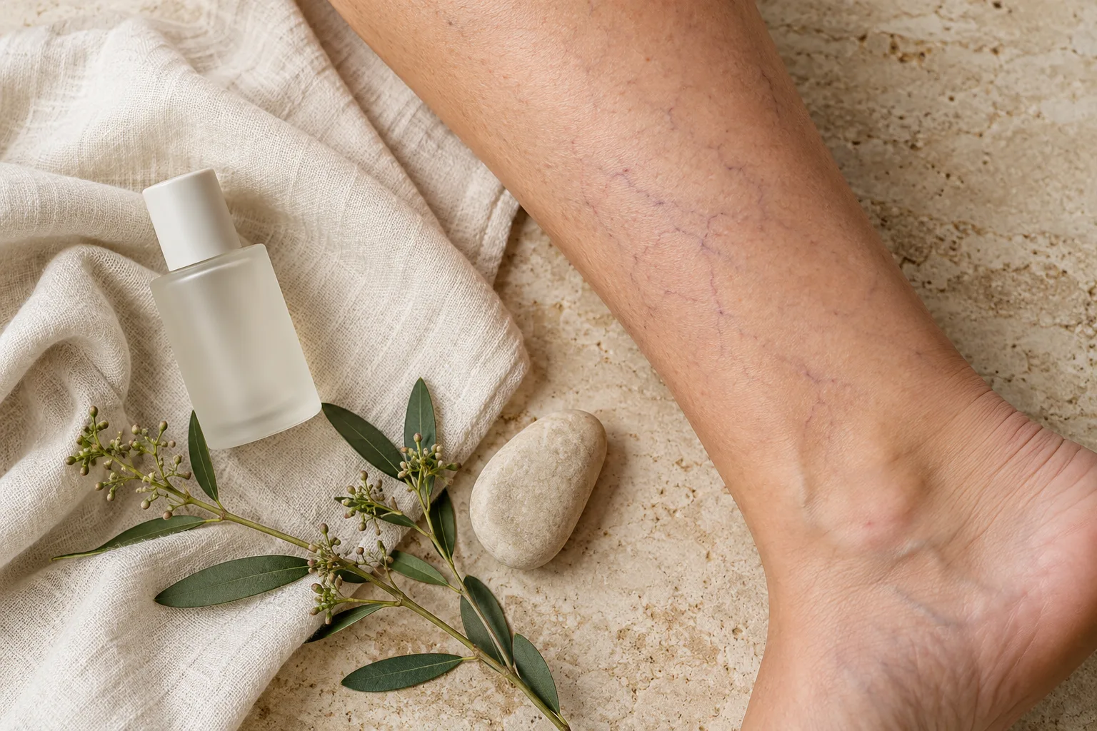 A bare leg with faint spider veins beside a frosted bottle and a pebble