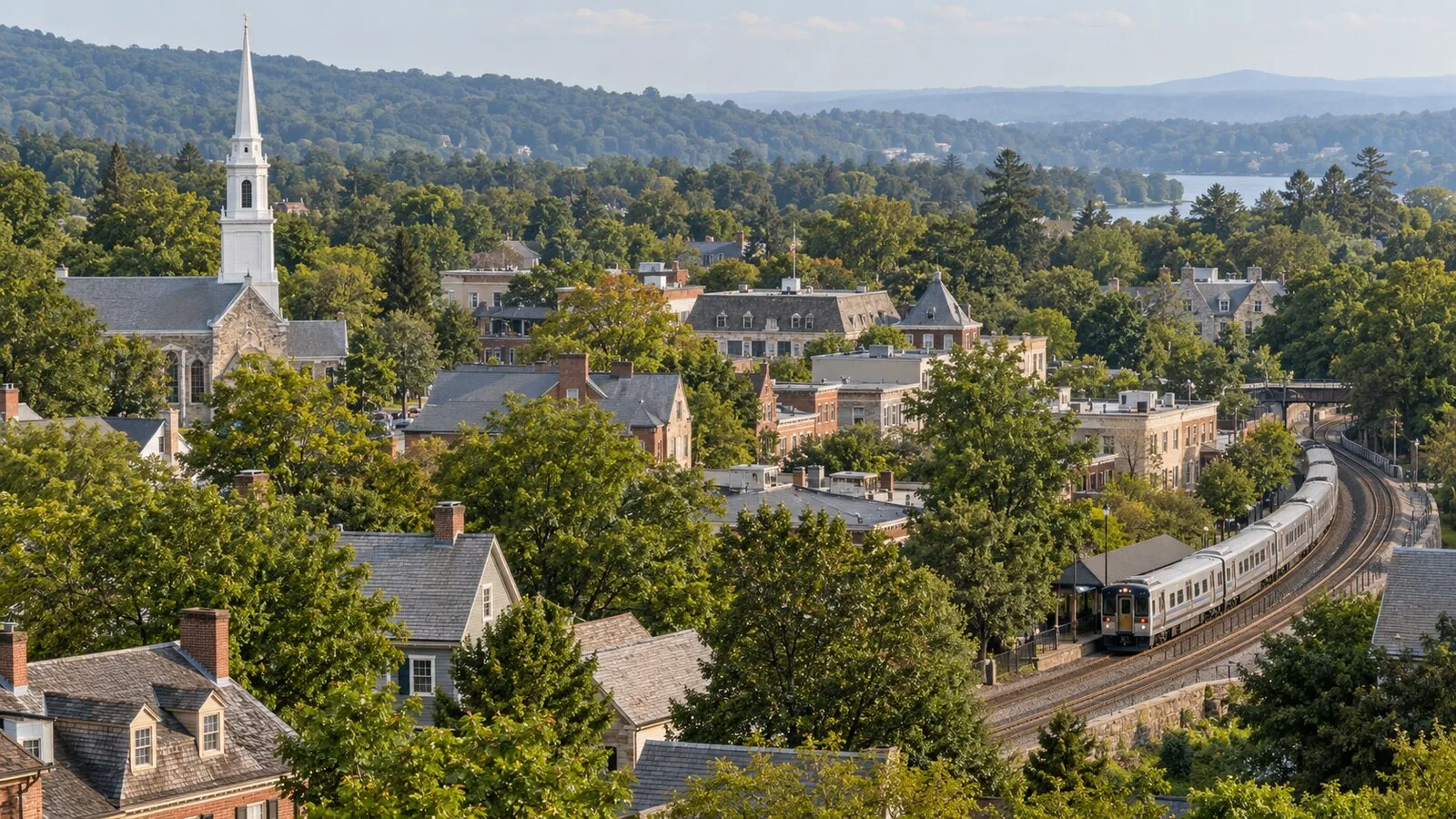 Rooftops, a church steeple and a rail line in a leafy suburban town
