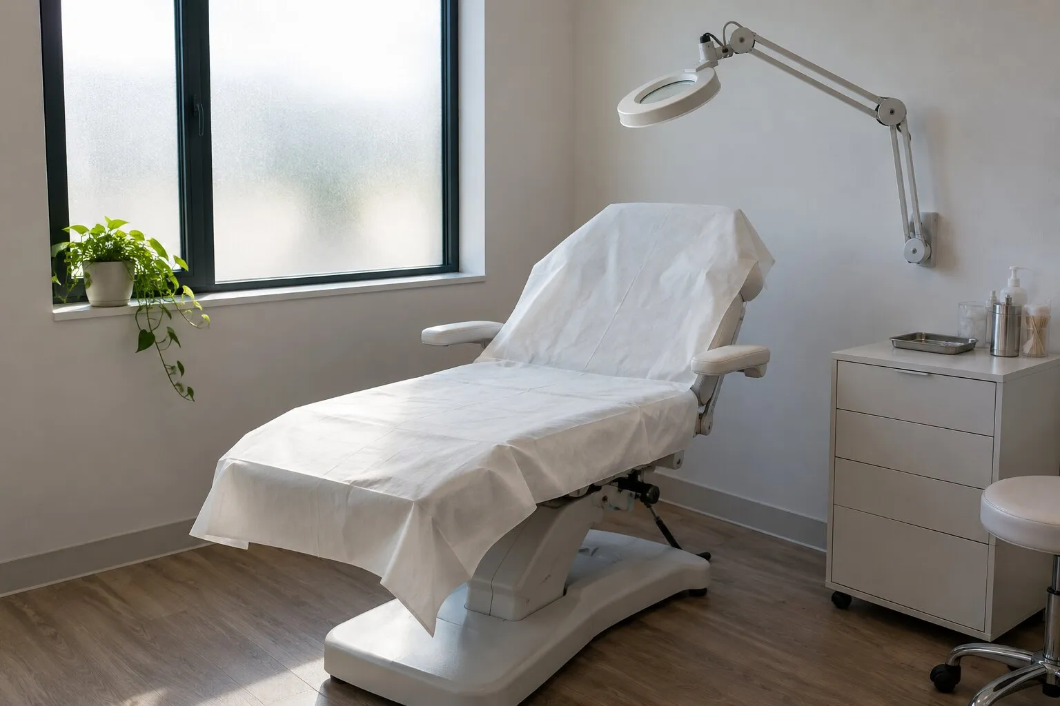 An empty treatment chair covered in white paper beside a magnifying lamp in a bright clinic room